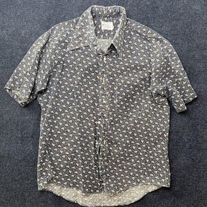 Vintage 60s Kmart Shirt Mens Large Blue Geometric Print Short Sleeve Button Up